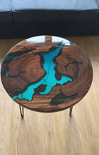 Load and play video in Gallery viewer, detailed video of stunning walnut river resin table with gloss finish 
