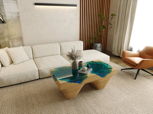 coffee river table , luxury coffee tablee , epoxy river coffee table in living room , Serrano Rivers