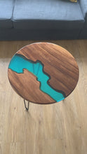 Load and play video in Gallery viewer, detailed video of luxury walnut resin river table with glossy finish 
